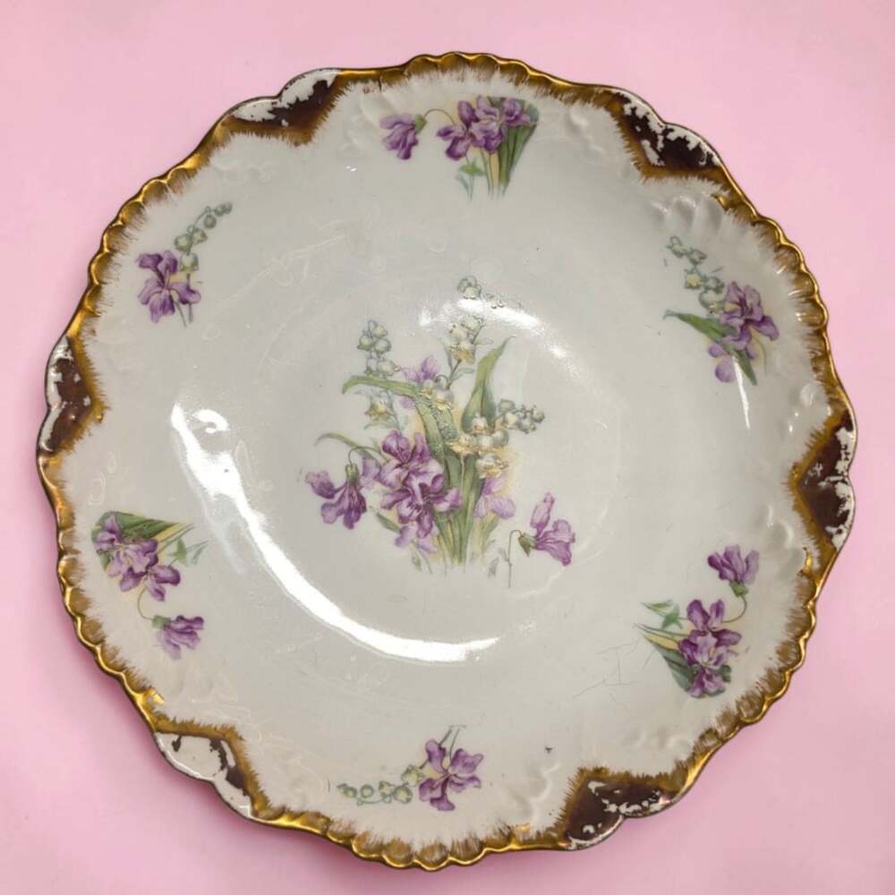 Limoges France Porcelain Scalloped Plate Floral Gold Trim